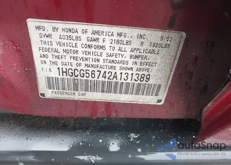 2002 Honda Accord 2.3 Se z USA, uszkodzony, nr VIN 1HGCG56742A131389